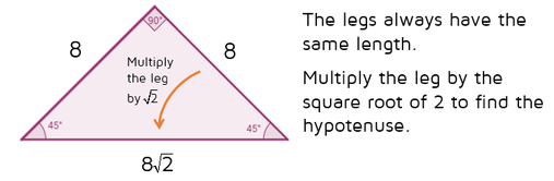 Use the shortcut rule to find the missing sides of a 45-45-90 triangle.