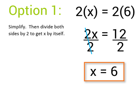 Option 1: Simplify, then divide both sides by 2 to get x by itself.