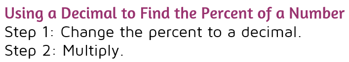 Steps to find the percent of a number using the percent as a decimal.