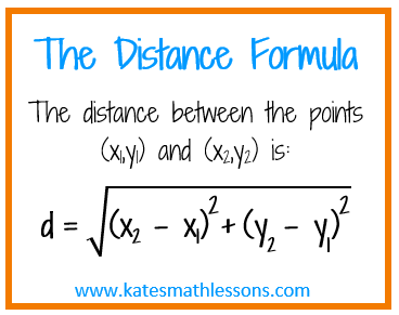 What is the distance formula? d equals the square root of x 2 minus x 1 squared, plug y 2 minus y 1 squared.