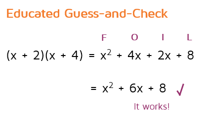 How to use educated guess and check to factor a quadratic expression.