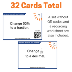 Set of 32 task cards to help students practice converting between percents, decimals and fractions.