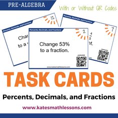 Check out this set of 32 task cards to help students practice switching back and forth between percents, decimals, and fractions! Includes a set with QR codes and a set without.