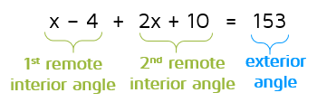 Set up an equation: the sum of the remote interior angles is equal to the measure of the exterior angle.