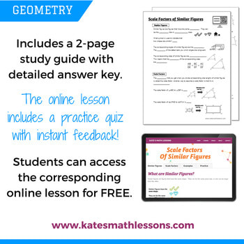Printable study guide to help students learn how to find scale factors of similar shapes in geometry.