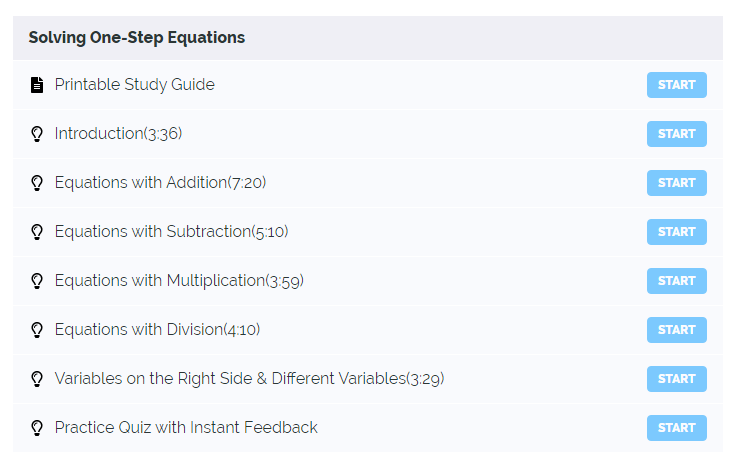 One-Step Equations Course Curriculum