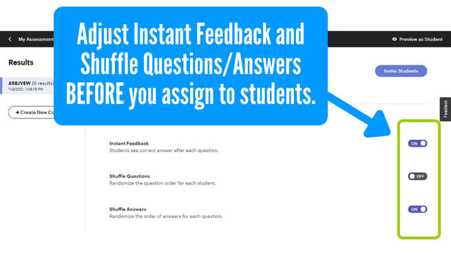How to adjust instant feedback and shuffle choices on TpT's Easel assessments.