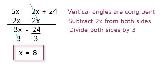 Vertical angles are congruent, so you can write an equation by setting the expressions equal to each other.