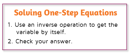 Steps to solving a one-step equation. First use an inverse operation to get the variable by itself. Next check your answer.